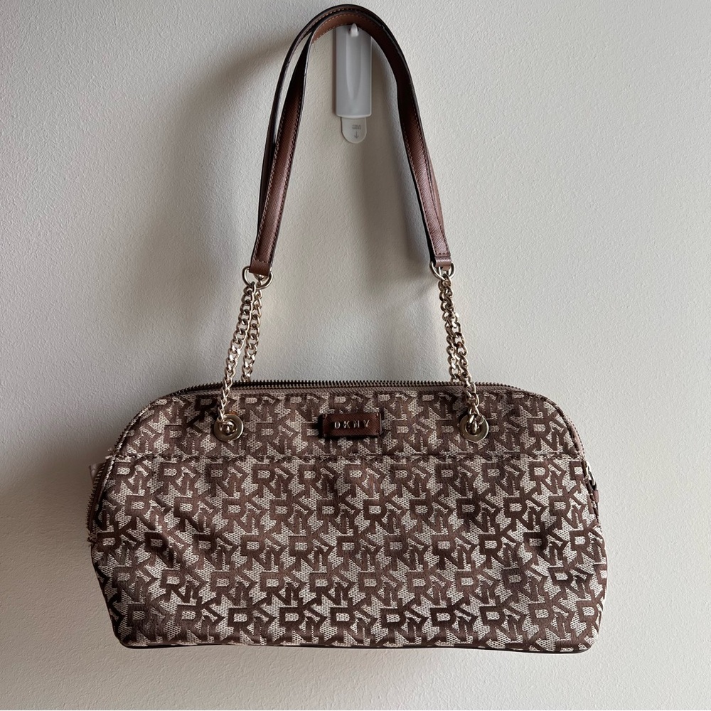 DKNY Gold and Brown Shoulder Bag with Monogram Print